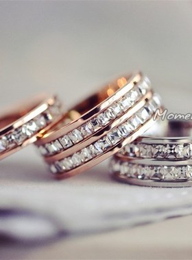 大码大号情侣女戒指食指中指玫瑰金单排钻双排简约钛钢镶钻粗手