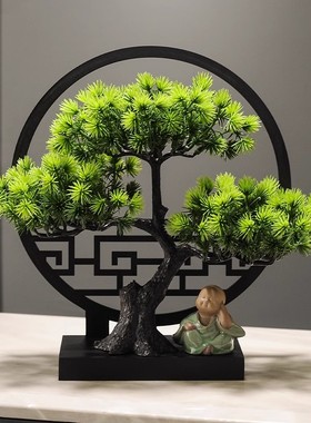 仿真迎客松罗汉松摆件玄关书房书架F茶室客厅装饰品酒店绿植盆景