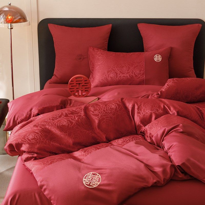 新中式喜字结婚四件套大红色床单玫瑰被套婚庆房喜Y被床上用品,淘宝优惠券,粉丝福利购,淘宝优惠卷