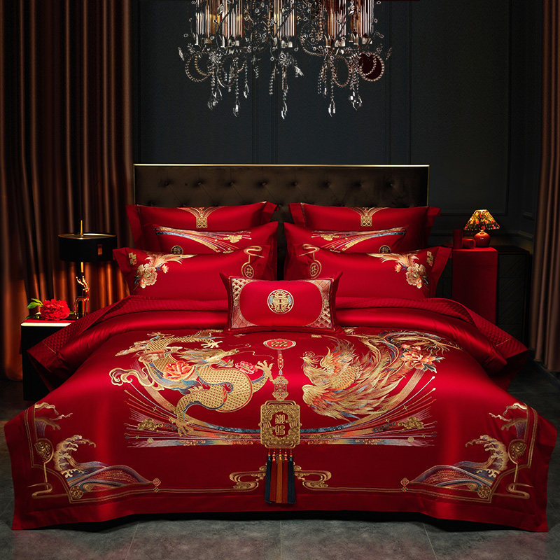 婚嫁结婚四件套新中式龙凤刺绣全棉大红色喜被T新婚庆床上用品,淘宝优惠券,粉丝福利购,淘宝优惠卷
