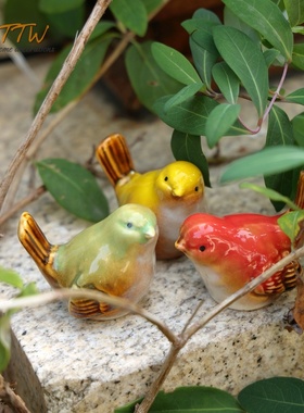 高温釉面彩色陶瓷小鸟六色组合装饰摆件花园庭院装饰