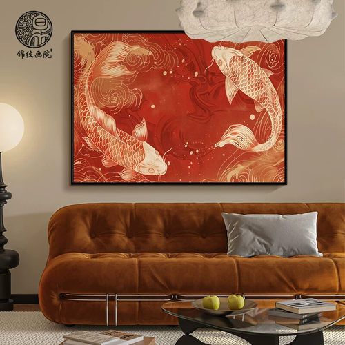 《双生锦鲤》现代中式客厅锦鲤高级感装饰画玄关艺术挂画卧室壁画 - 图3