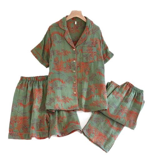 三件套睡衣女士纯棉纱布短袖长裤短裤全棉麻中老年妈妈夏季家居服 - 图3