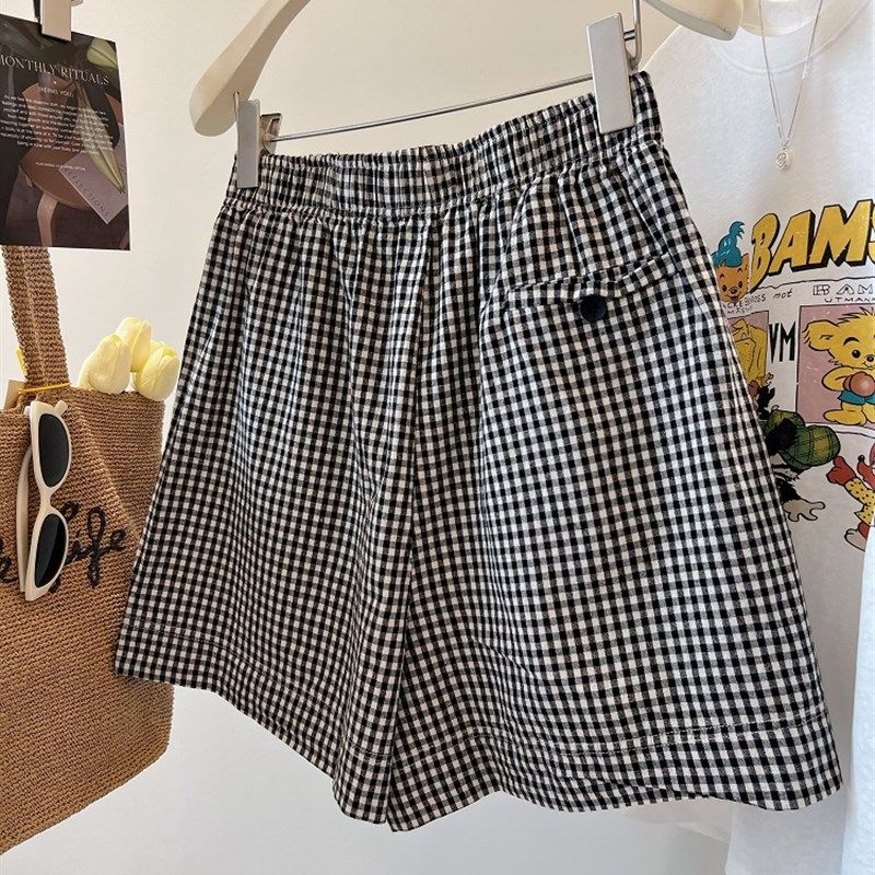 格子控B入!超好穿 松紧腰轻薄透气阔腿休闲棉麻日系格子短裤女夏,淘宝优惠券,粉丝福利购,淘宝优惠卷