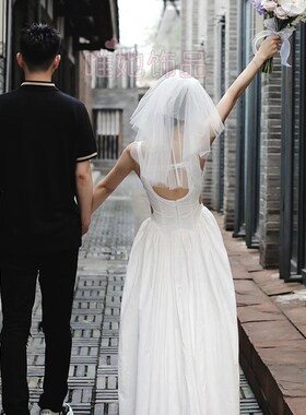 头纱领证鱼尾婚纱求婚复古森系简约摄影拍照法式婚礼出门纱蓬蓬纱