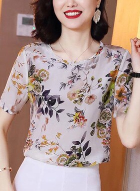 短袖T恤女夏季新款宽松小衫复古印花气质民族风凉爽年轻妈妈上衣