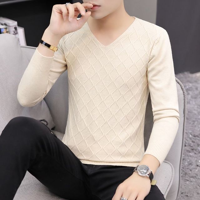 Autumn style men's V-neck sweater thin white slim elastic knitted pullover low-neck wool close-fitting base shirt