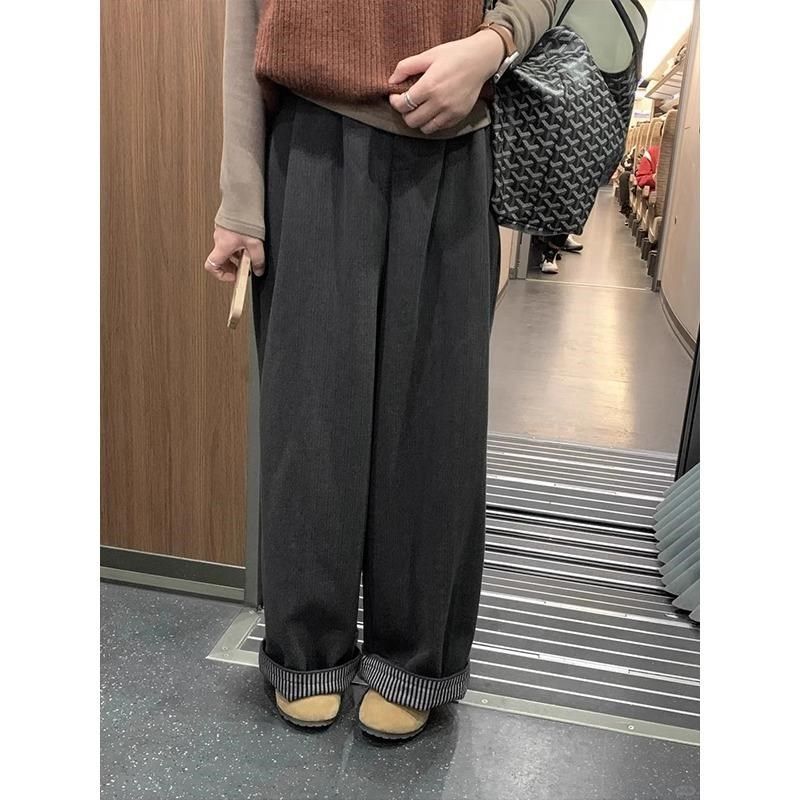 灰色复古毛呢裤女秋冬加绒大码显瘦垂感卷边阔腿裤梨形身材休闲裤,淘宝优惠券,粉丝福利购,淘宝优惠卷