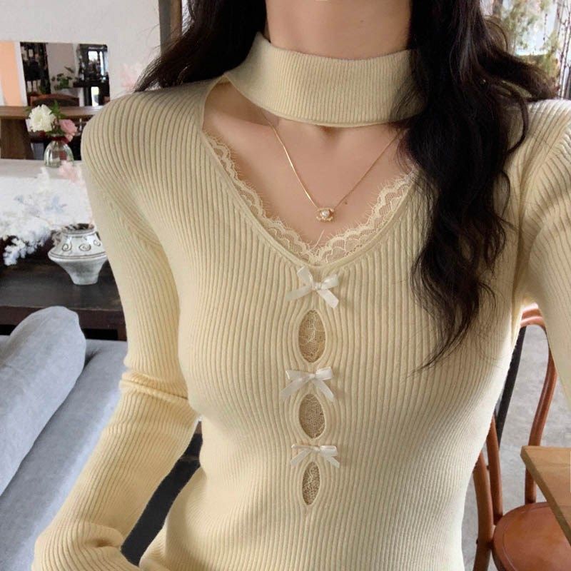 蓝色V领蕾丝打底衫女秋冬季新款挂脖毛衣内搭设计感镂空针织上衣,淘宝优惠券,粉丝福利购,淘宝优惠卷