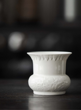 中式浮雕陶瓷花瓶羊脂玉白花器建水家用祥鹿N茶洗茶缸水盂茶道配