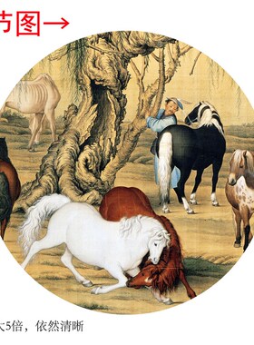 郎世宁《八骏图》客厅背s景墙书房茶室装饰画挂画玄关高清卷轴字