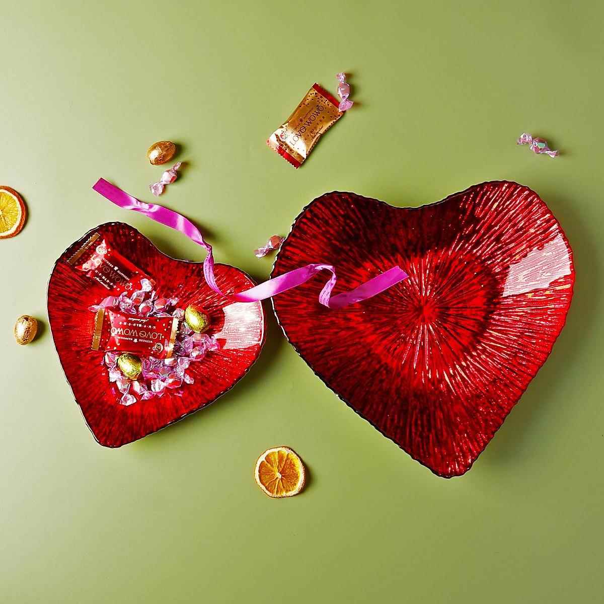 果盘喜庆结d婚果盘金边婚礼专用红色水晶玻璃爱心电镀糖果摆盘喜 - 图0