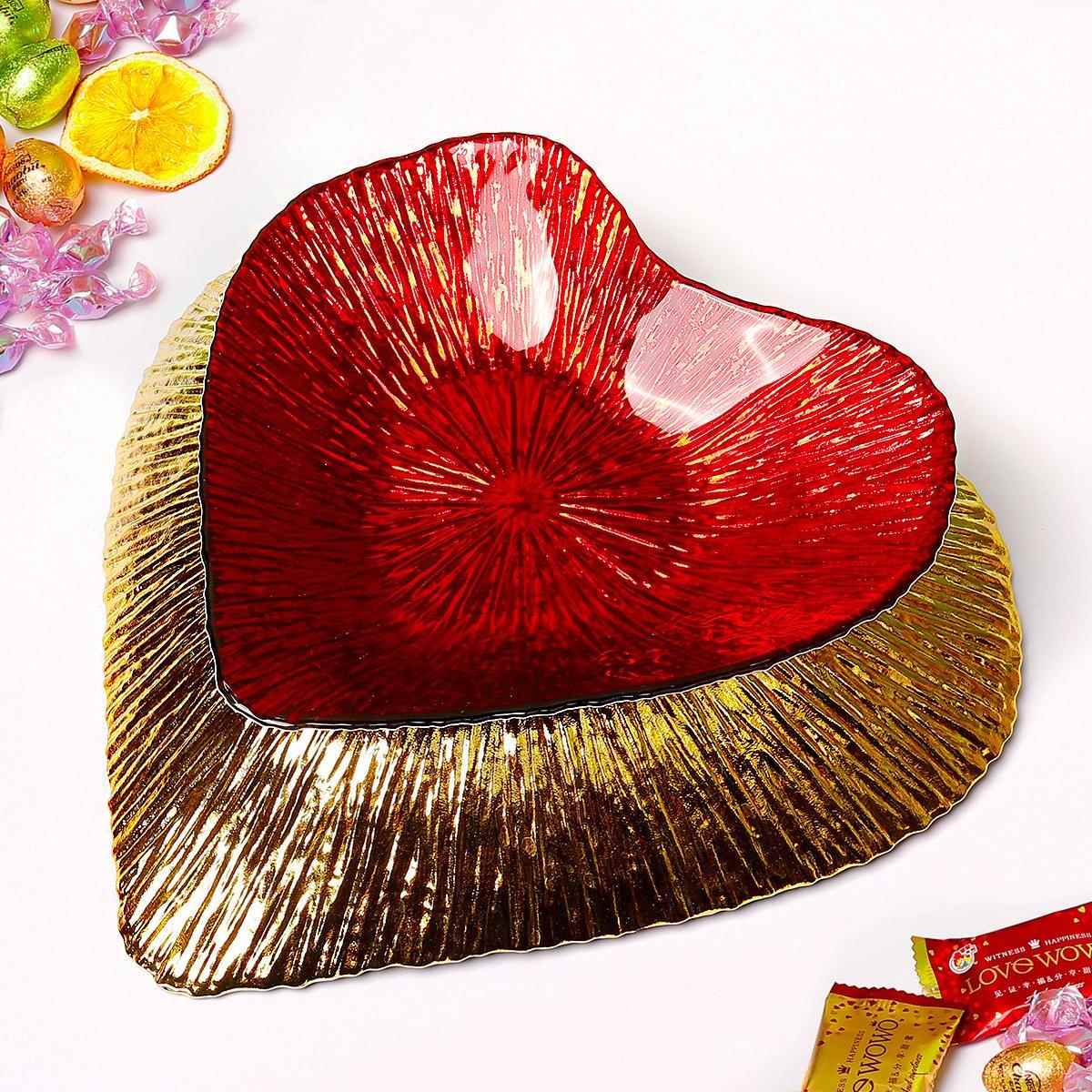 果盘喜庆结d婚果盘金边婚礼专用红色水晶玻璃爱心电镀糖果摆盘喜 - 图2