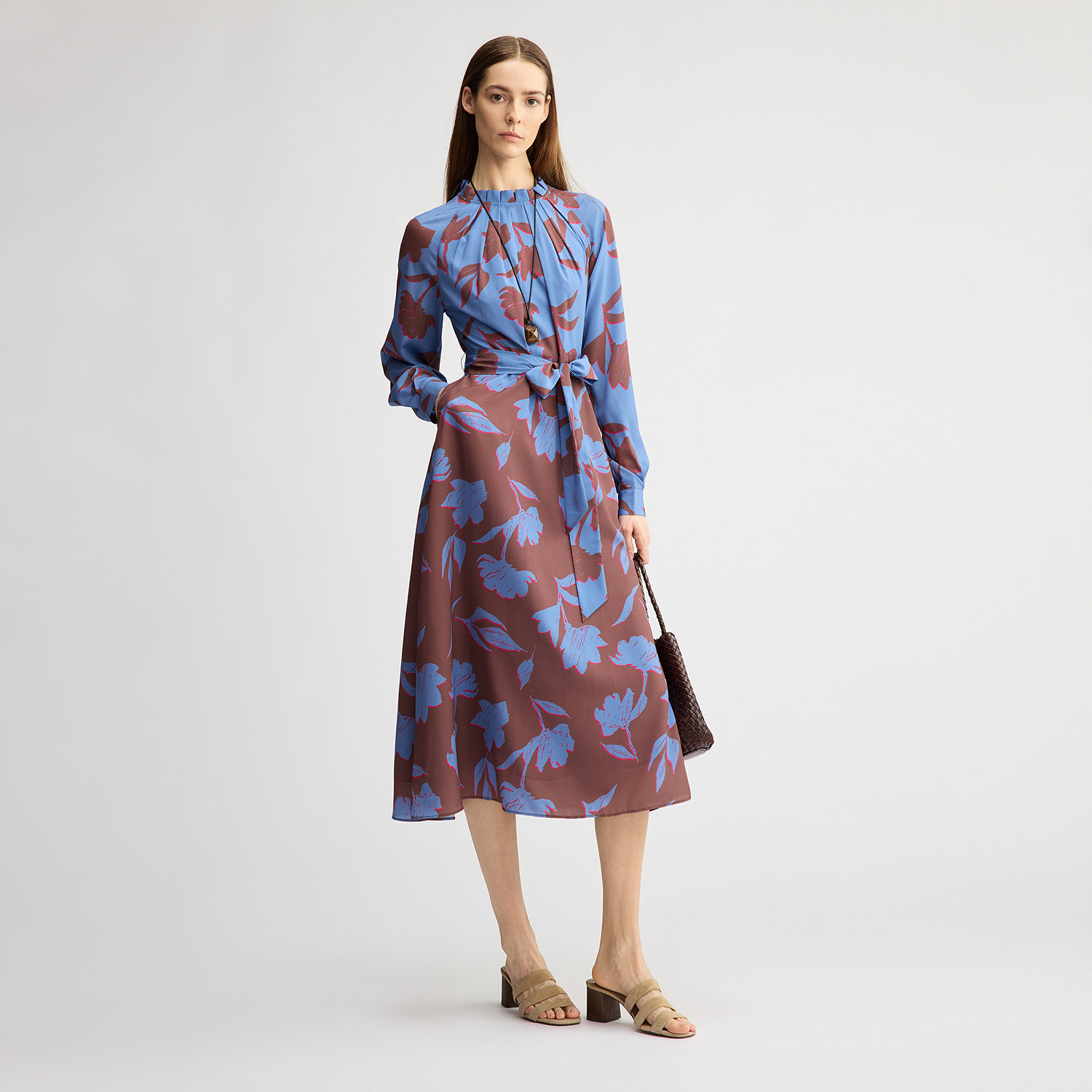 BCBG autumn women's fashionable temperament floral print lace pleated lace mid-length dress long skirt