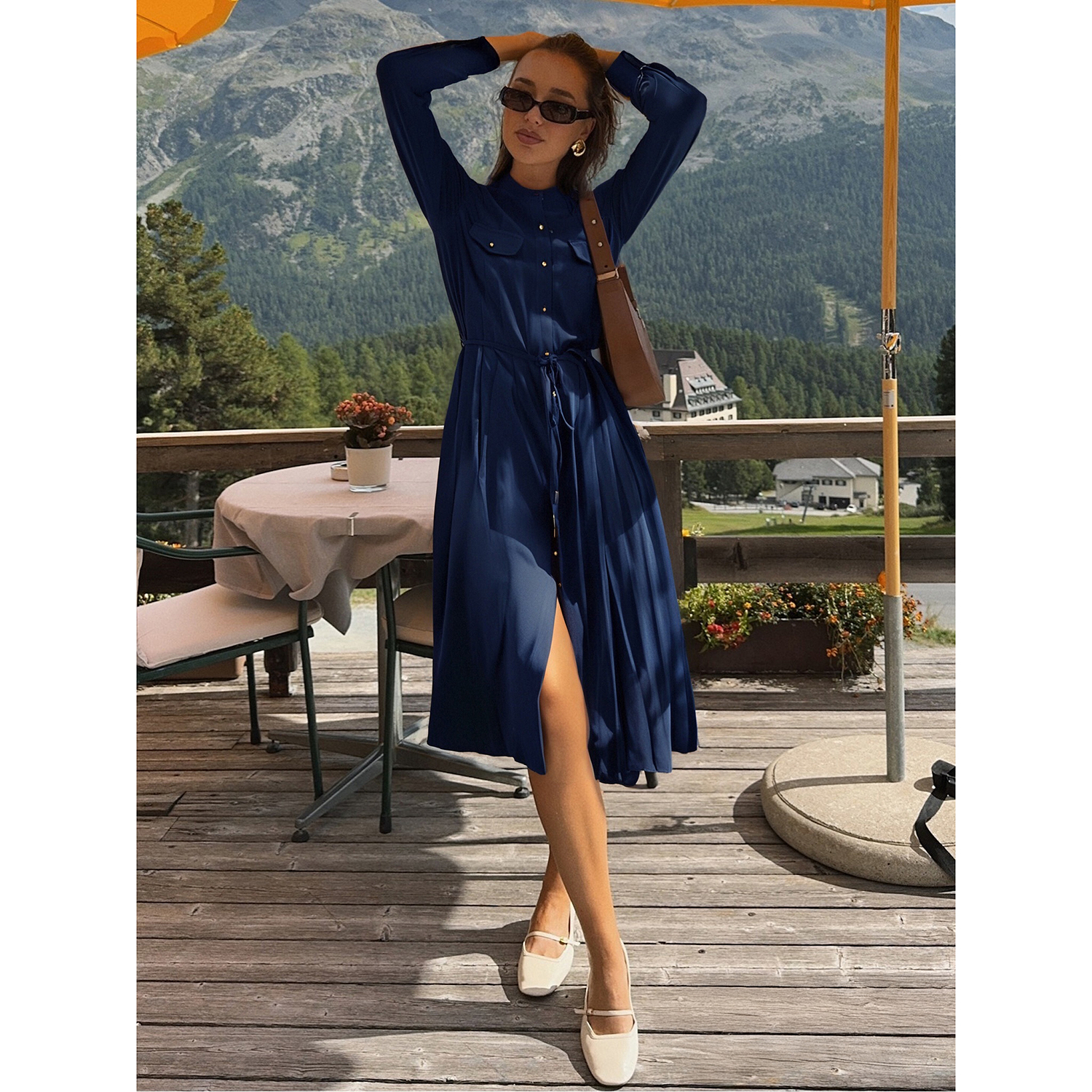 BCBG新款早秋时尚流行百搭气质优雅压褶装饰斜纹长袖女士连衣裙 - 图3