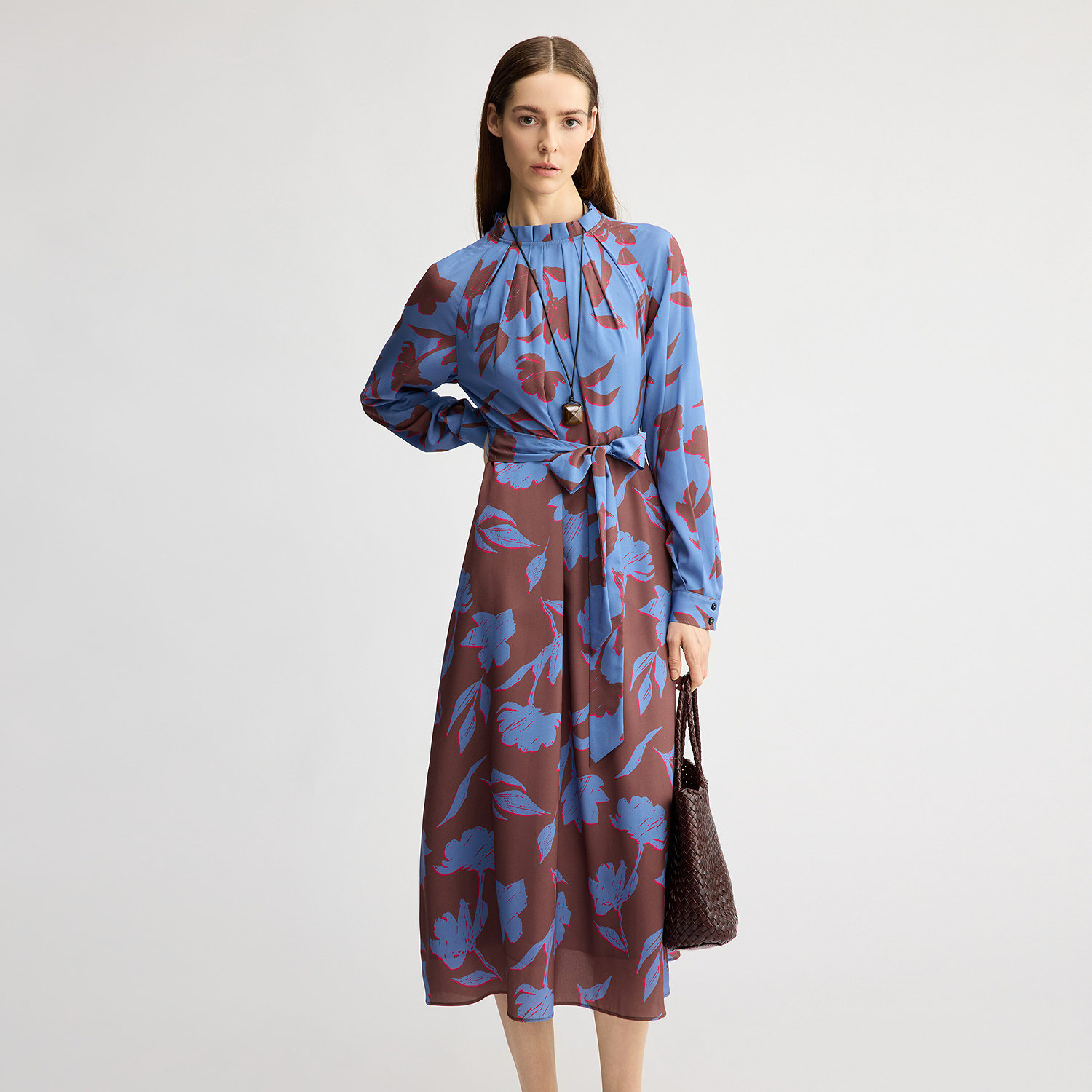 BCBG autumn women's fashionable temperament floral print lace pleated lace mid-length dress long skirt