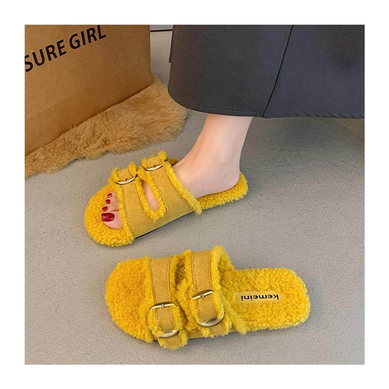 新品皮带扣复古勃肯毛毛拖鞋女外穿2025新款秋冬室内平底加绒棉拖,淘宝优惠券,粉丝福利购,淘宝优惠卷