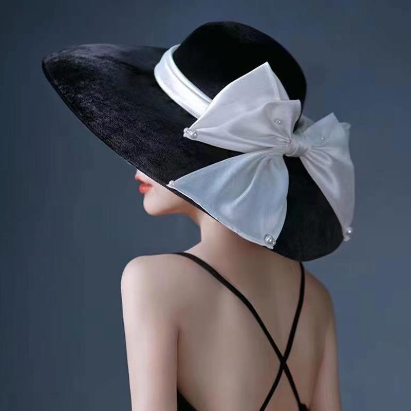 赫本风帽子英伦法式复古优雅极简黑色丝绒缎带大帽檐婚纱礼帽女 - 图1