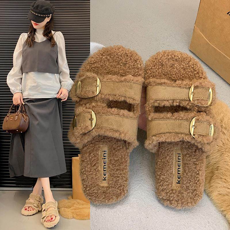 新品皮带扣复古勃肯毛毛拖鞋女外穿2025新款秋冬室内平底加绒棉拖,淘宝优惠券,粉丝福利购,淘宝优惠卷