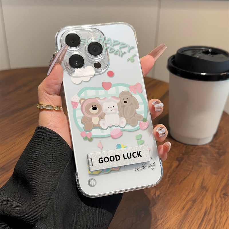 苹果15插画小熊小兔手腕K12S透明超薄14plus无边框iPhone13适用硬16e手机壳带支架12ProMax高级感红米k80可爱 - 图1