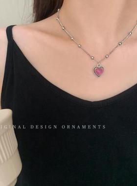 感温变色爱心锆石项链ins女夏极简风小众高级感锁骨链钛钢不掉色