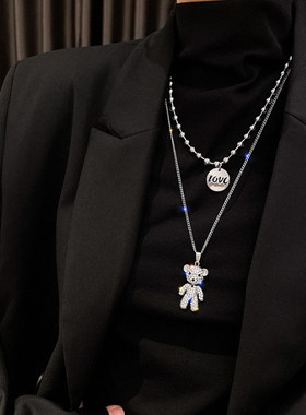 双层叠戴小熊项链女潮毛衣链卫衣链嘻哈百搭简约秋冬高档长款配饰