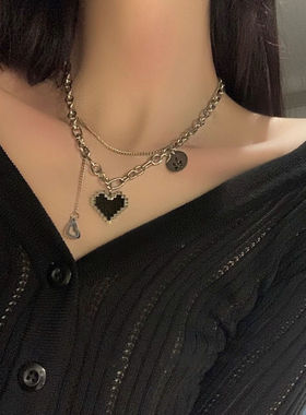 韩版ins潮叠戴爱心蝴蝶项链女小众设计感百搭个性网红嘻哈锁骨链