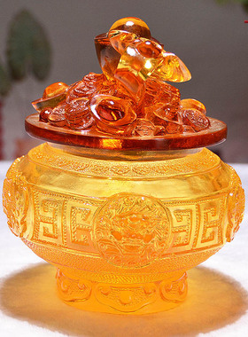 琉璃聚宝盆带盖摆件家居饰品结婚中式轻奢客厅玄关招财装饰工艺品