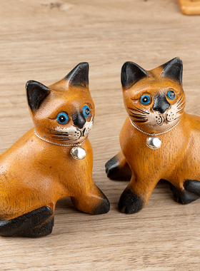 泰国木雕可爱小猫办公室电脑桌面摆件创意客厅酒柜电视柜创意装饰