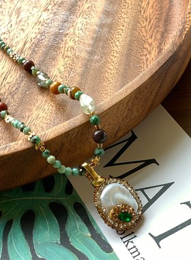 复古绿色系非洲松石淡水珍珠简约百搭气质串珠项链  安妮森林