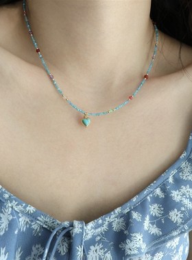 因缺斯汀【蓝色爱心】显白绿松石串珠项链复古锁骨链女小众百搭