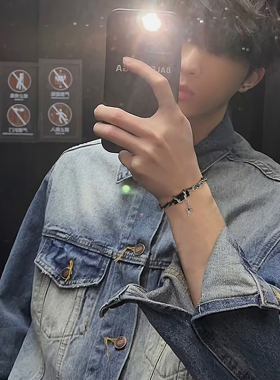 手链男生轻奢小众设计十字架高级感男款嘻哈痞帅黑色男士钛钢手饰