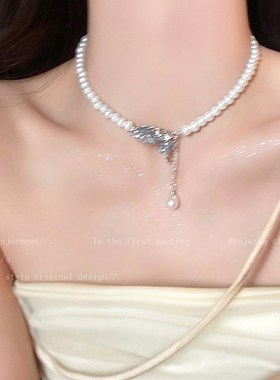 海蓝色蝴蝶珍珠项链女轻奢高级感小众设计配饰甜辣时尚个性锁骨链