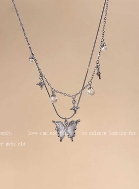 双层蝴蝶冰晶叠带项链女2025年新款小众清冷感个性独特锁骨链配饰