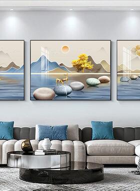 画简约现代三发联画流水生财挂ali-7597旭日东升沙山水景画客厅背