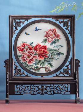 手双工QTU面绣刺绣件屏风苏绣中式工艺礼品摆饰摆屏客厅装饰画台