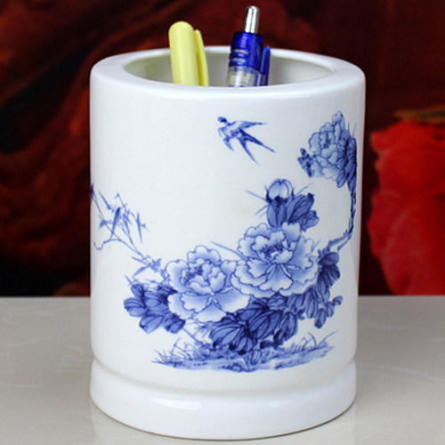 陶瓷笔筒山水画文具圆形毛笔圆珠笔多功能办公笔筒景德镇陶瓷笔筒 - 图1