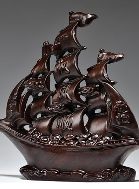 黑檀实木雕一帆风顺帆船摆件公司开业送礼品客厅办公室船模型装饰