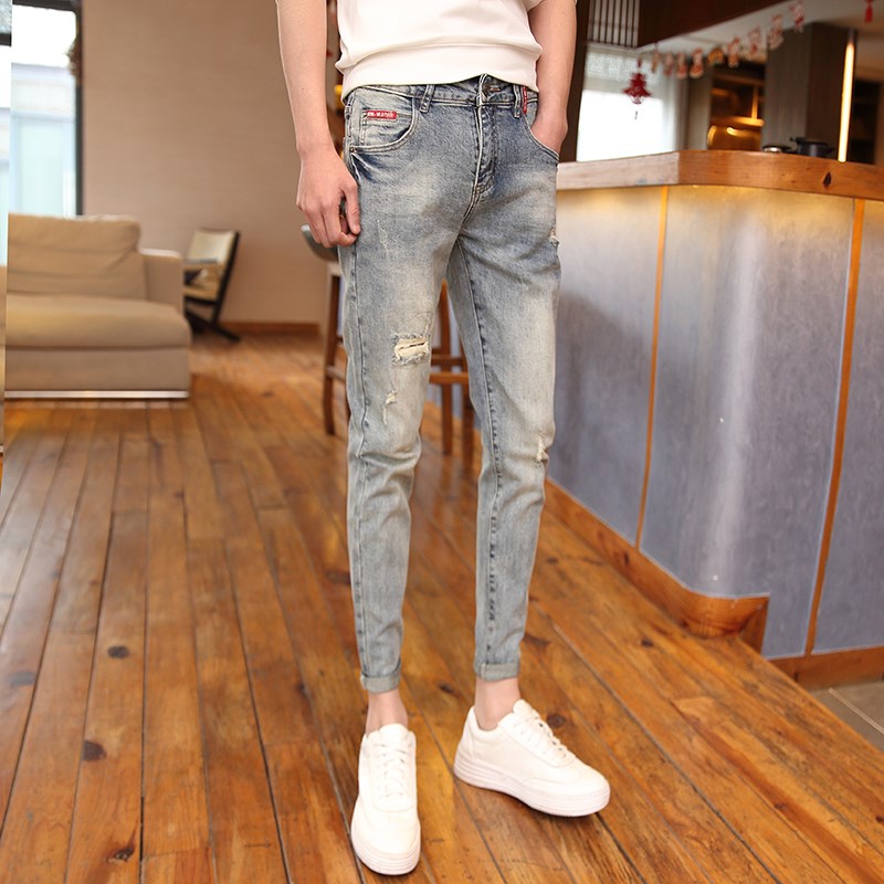155夏季裤子男百搭九分裤26号27码矮小个子小码牛仔裤小脚磨破裤 - 图0