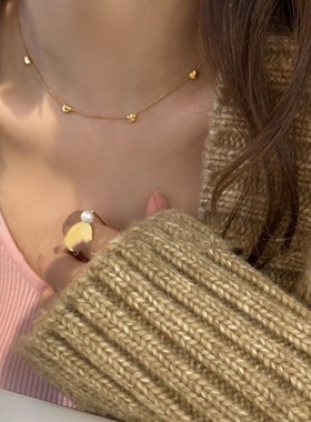 可水洗不掉色高级小众立体桃心印记多颗爱心项链金色锁骨链毛衣链