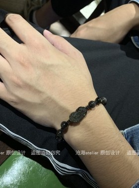 吞金兽多财貔貅 天然银曜石金曜石雕刻貔貅男士编绳手链生日礼物