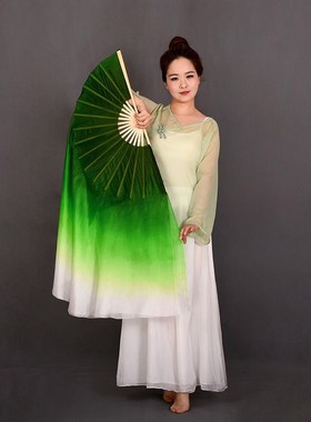 真丝墨绿渐变舞蹈扇子跳舞扇双面加长古典舞胶州秧歌广场舞长绸扇