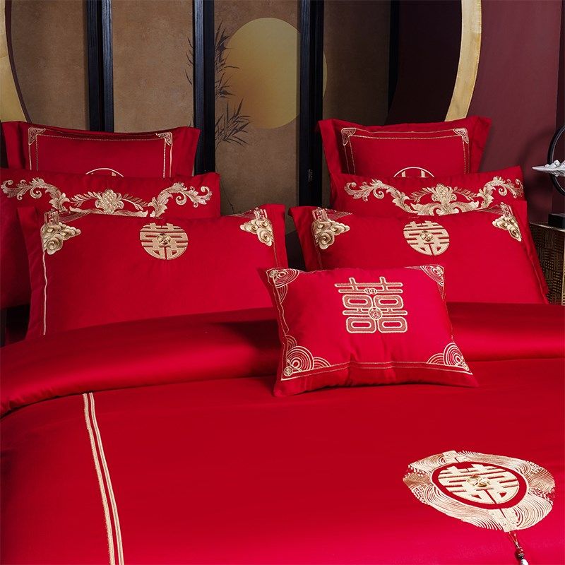 结婚四件套红h色被套床单喜字刺绣被罩新婚庆床上用品陪嫁婚房,淘宝优惠券,粉丝福利购,淘宝优惠卷