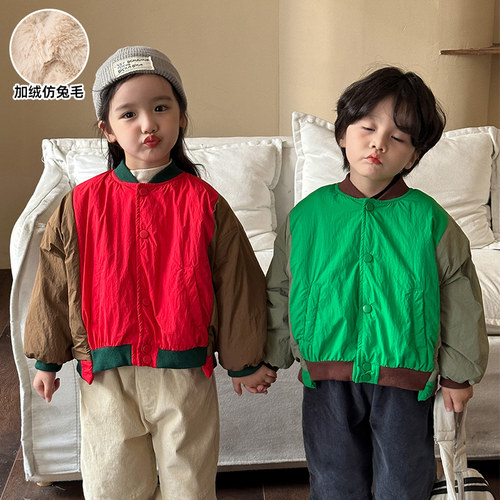 儿童铺棉外套加绒加厚女童短款冬季保暖男童棉服2023新款冬装婴幼 - 图0