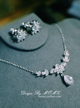 新娘项链耳环二件套韩式结婚锁骨简约锆石优雅婚纱礼服配饰百搭闪