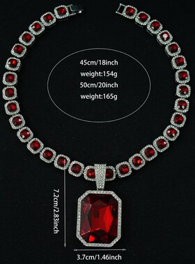 欧美风热销红色宝石方糖钻吊坠红色宝石冰糖古巴链潮男女情侣项链