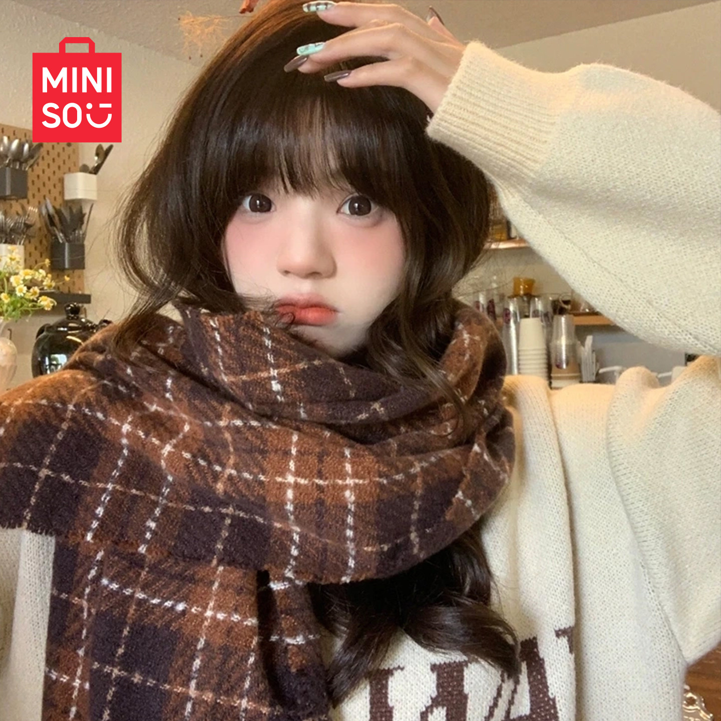 MINISO名创优品2025新款英伦复古格流苏围巾女冬加厚保暖围脖披肩