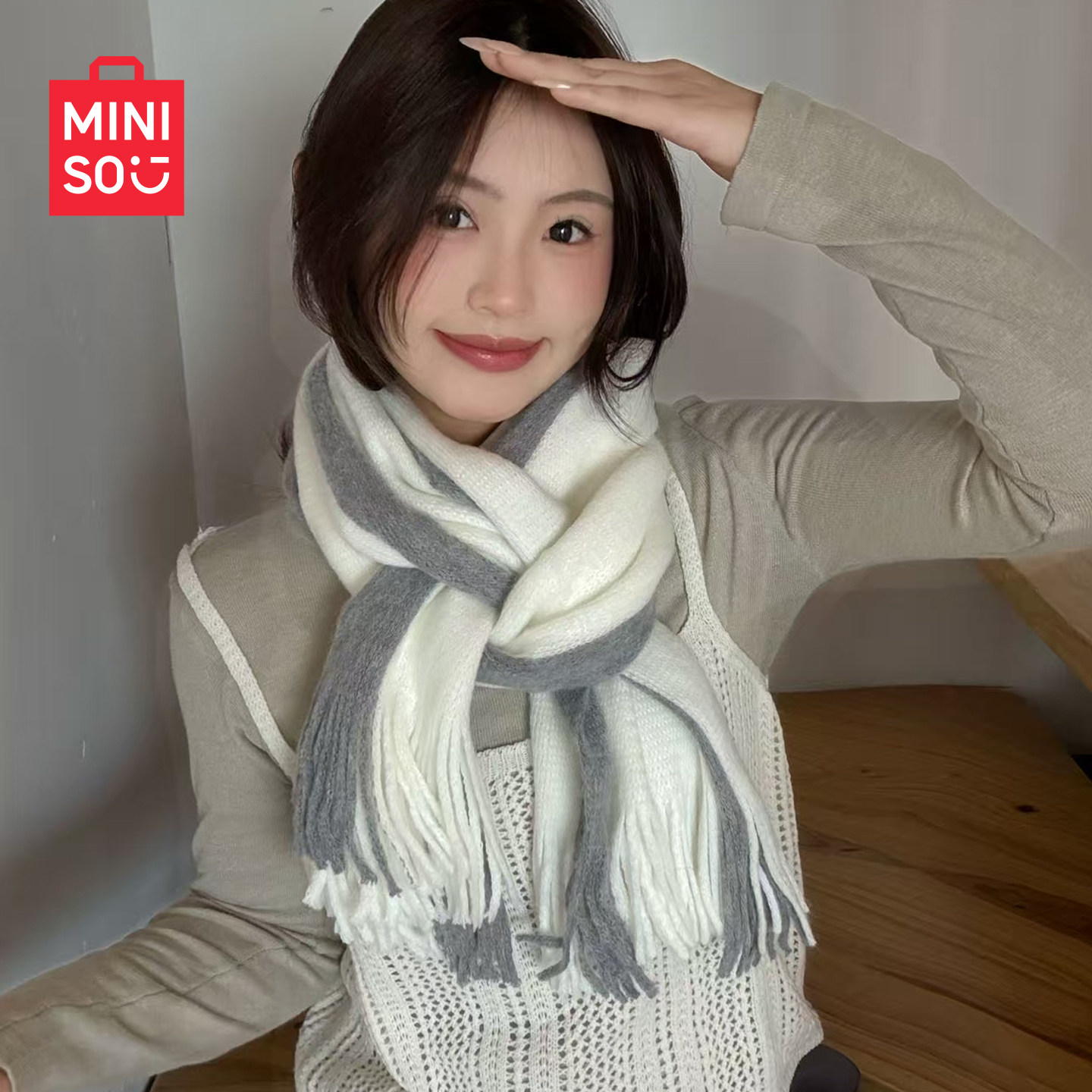 MINISO名创优品围巾2025新款秋冬保暖双拼色韩版百搭男女加厚披肩