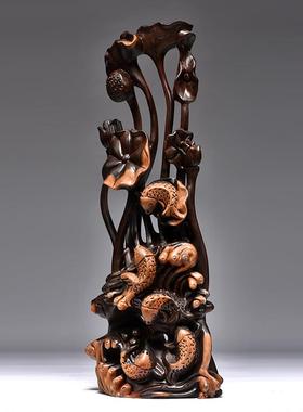 黑檀木雕刻年年有鱼根雕荷花摆件家居客厅玄关装饰工艺礼品摆饰乔