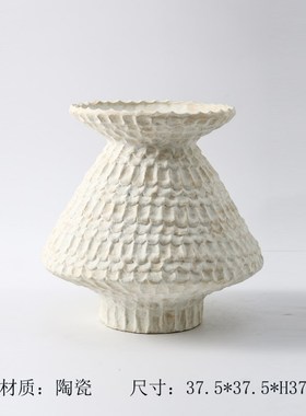 复古侘寂风手工拉丝陶瓷陀螺形花器花瓶摆件样板间客厅玄关装饰品